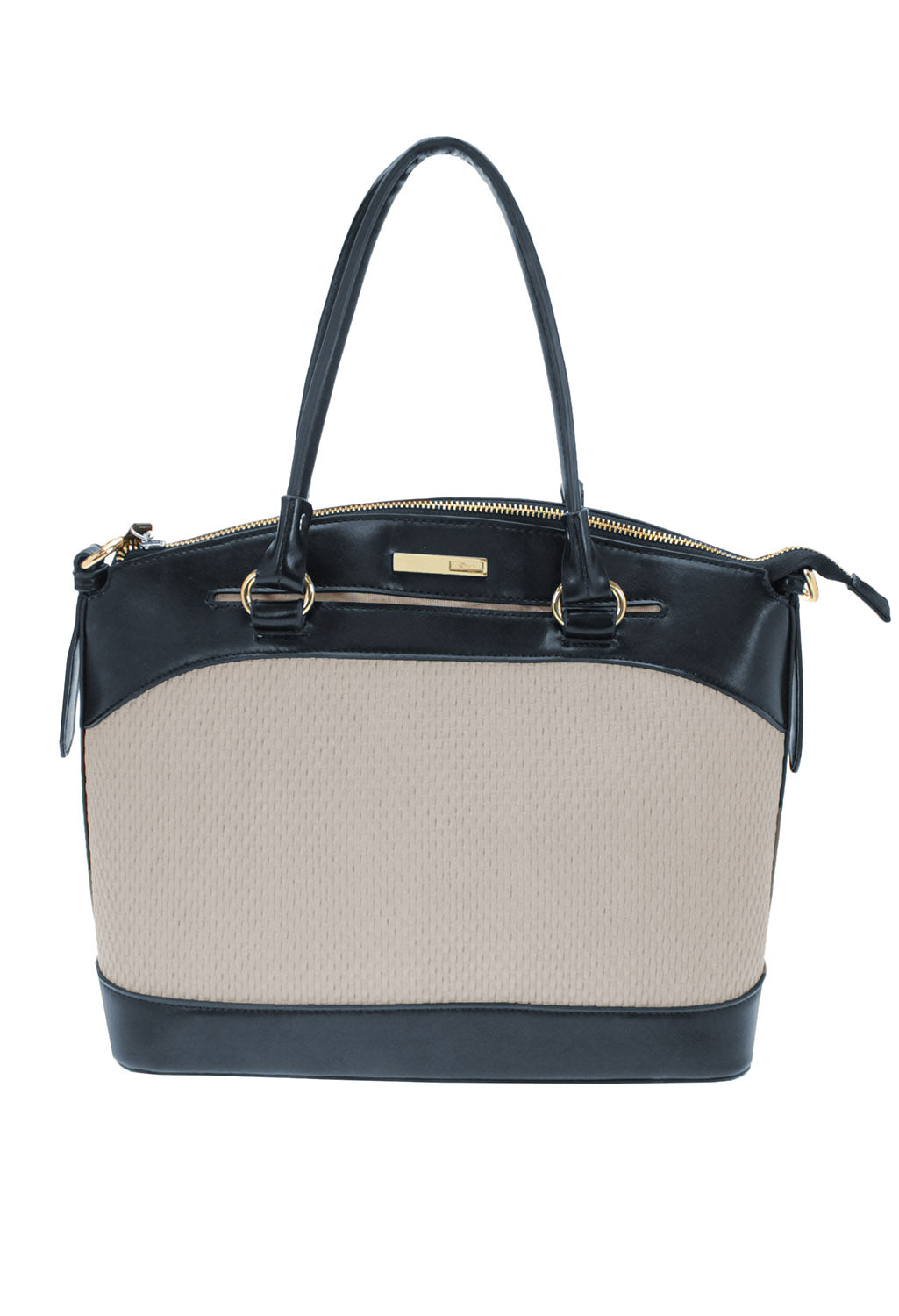 Navy and Beige Colour Blocked Weaved Handbag