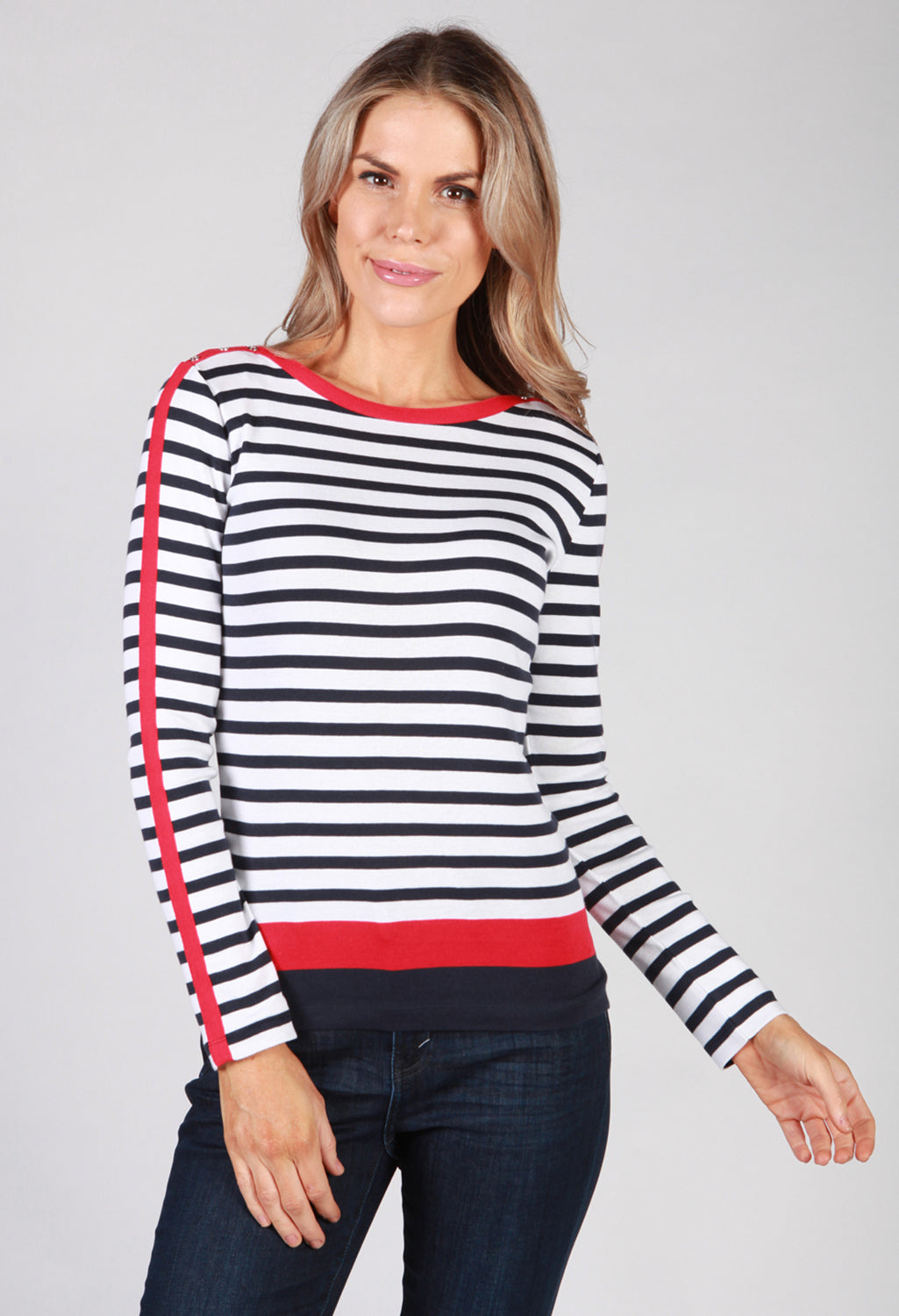 White Top with Navy Stripes