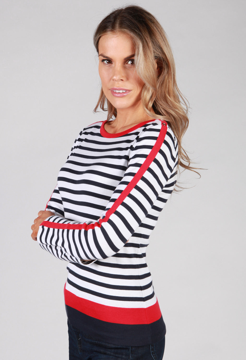 White Top with Navy Stripes