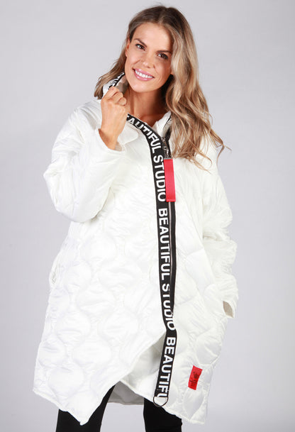 White Quilted Coat with Red Toggle