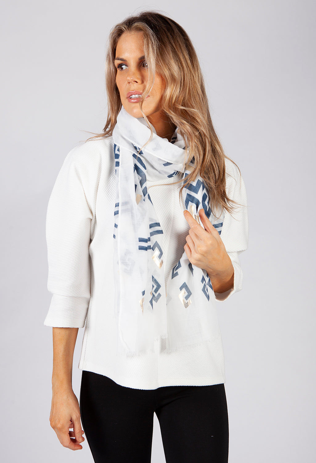 White and Blue Geometric Printed Scarf