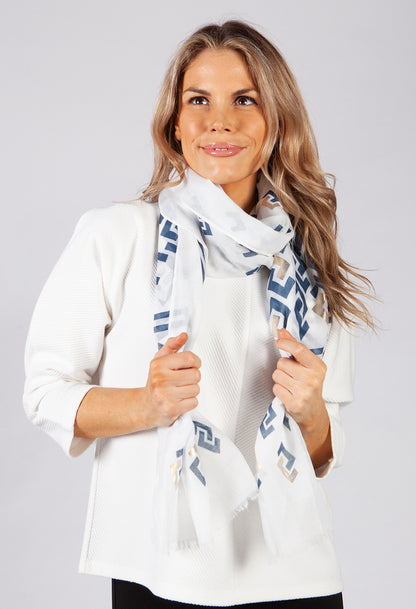 White and Blue Geometric Printed Scarf