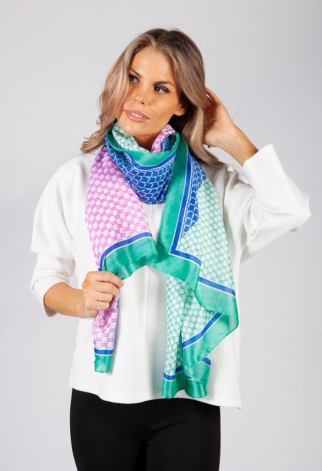 Green and Blue Geometric Printed Silk Feel Scarf