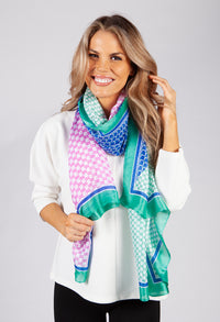 Green and Blue Geometric Printed Silk Feel Scarf