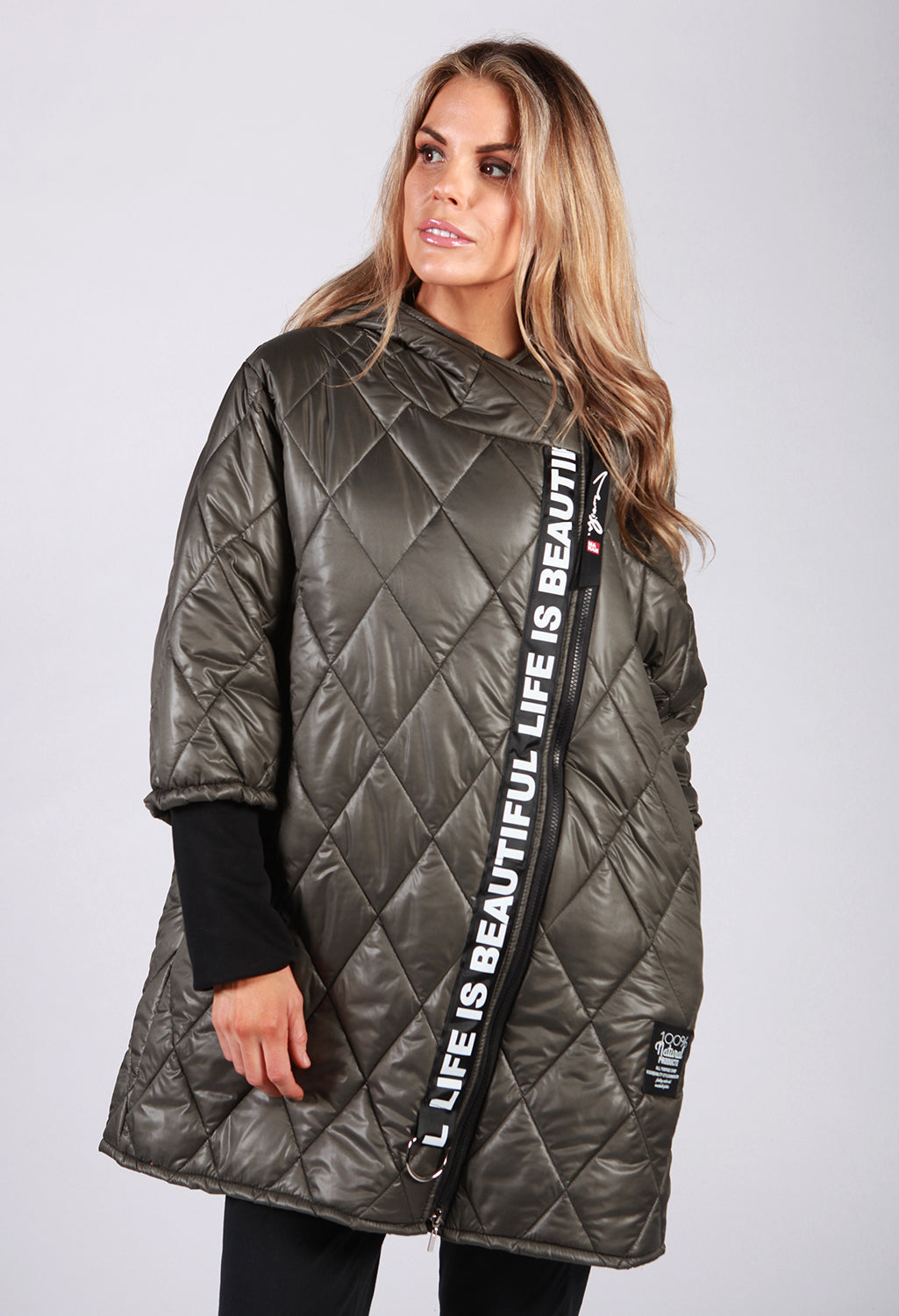 Khaki Quilted Logo Strap Coat