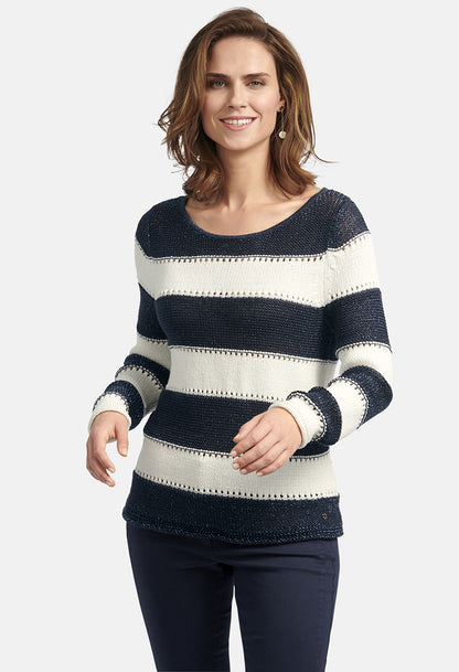 STRIPED SWEATER WITH AJOUR PATTERN IN OFFWHITE-NAVY