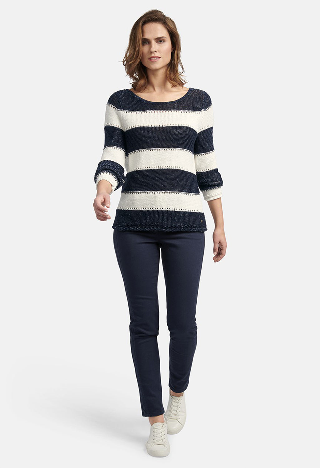 STRIPED SWEATER WITH AJOUR PATTERN IN OFFWHITE-NAVY