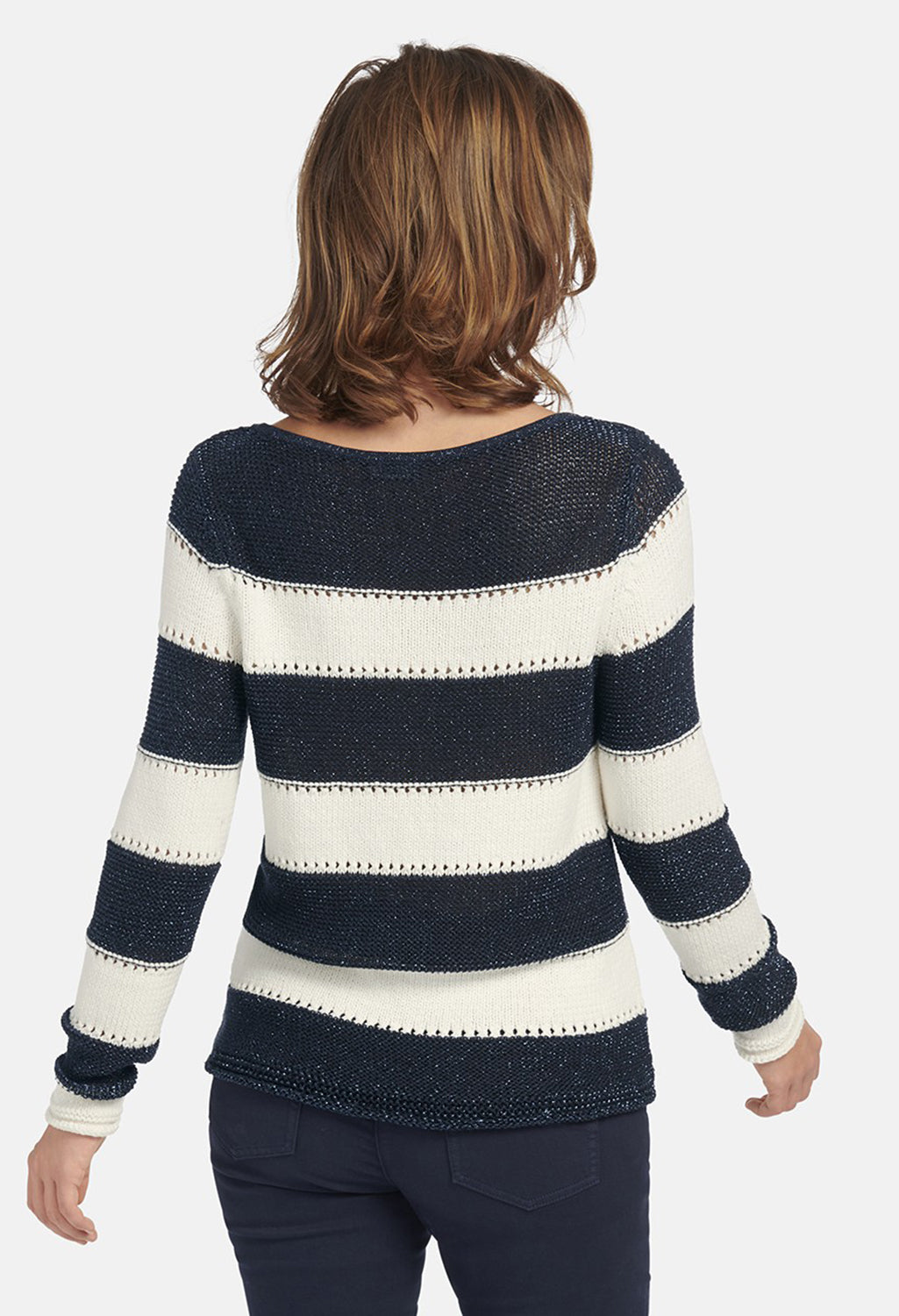 STRIPED SWEATER WITH AJOUR PATTERN IN OFFWHITE-NAVY