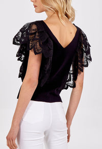 V-Neck Lace Shoulder Detail Top-1