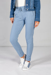 blue joggers with a lurex detail side stripe