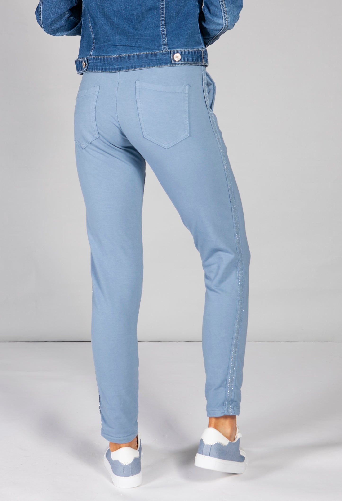 blue joggers with a lurex detail side stripe