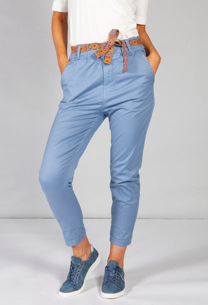 blue chino trousers with aztec print belt