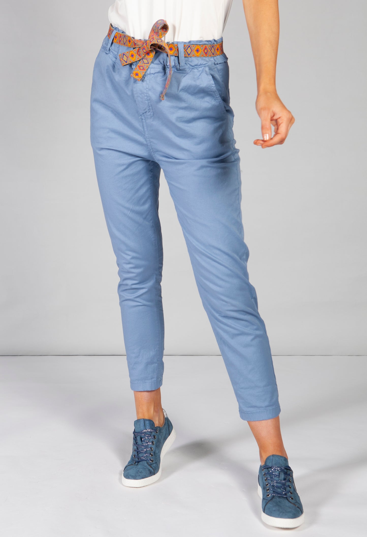 blue chino trousers with aztec print belt