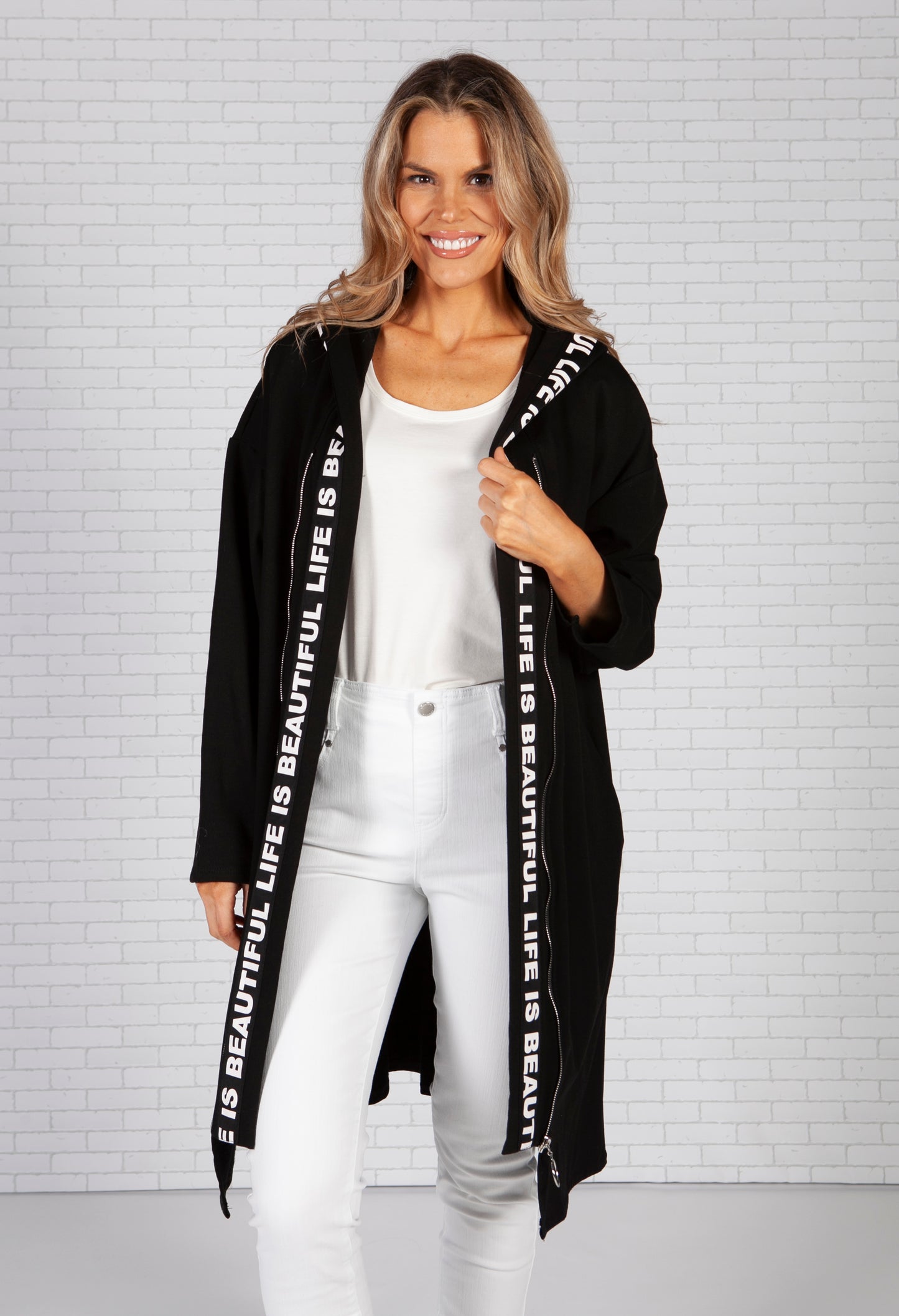 Long Black Cardigan with Logo Straps