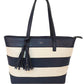 striped shopper style bag in navy and white