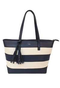 striped shopper style bag in navy and white