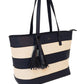 striped shopper style bag in navy and white