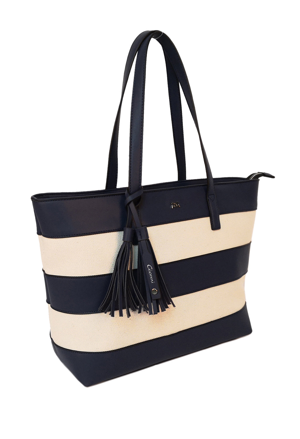 striped shopper style bag in navy and white