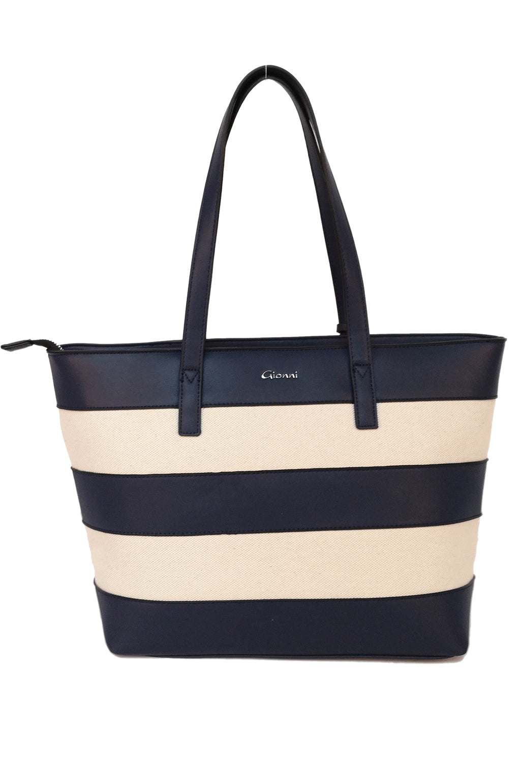 striped shopper style bag in navy and white