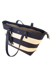 striped shopper style bag in navy and white