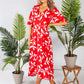 wrap dress in red with a leaf print design