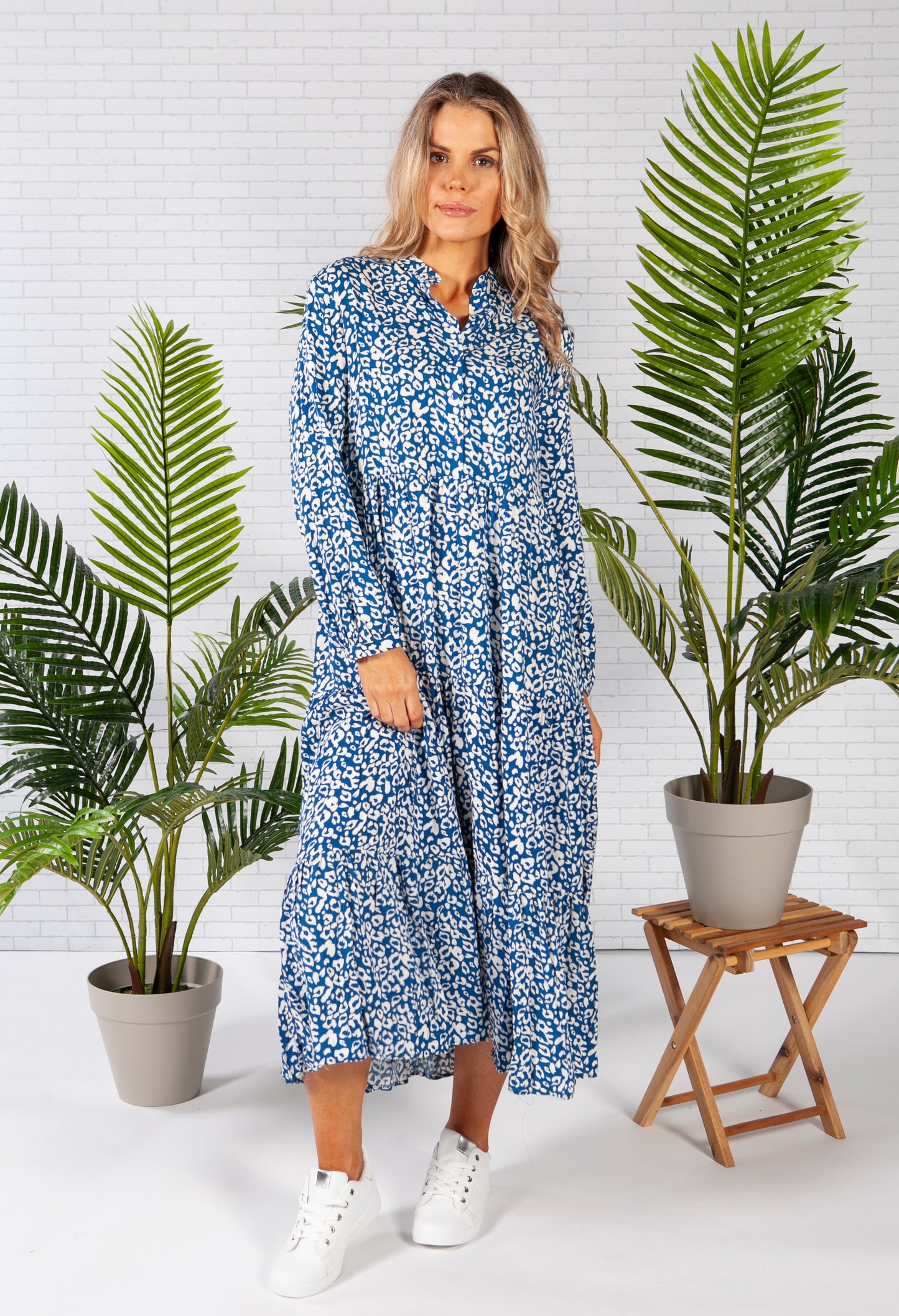 midi style shirt dress in a blue leopard print