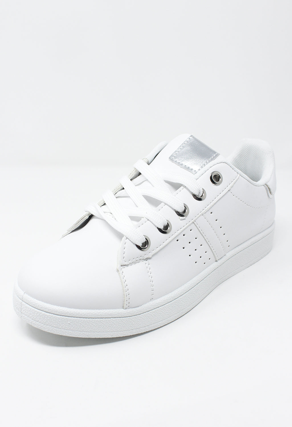 White laced trainer with silver