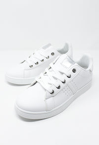 White laced trainer with silver