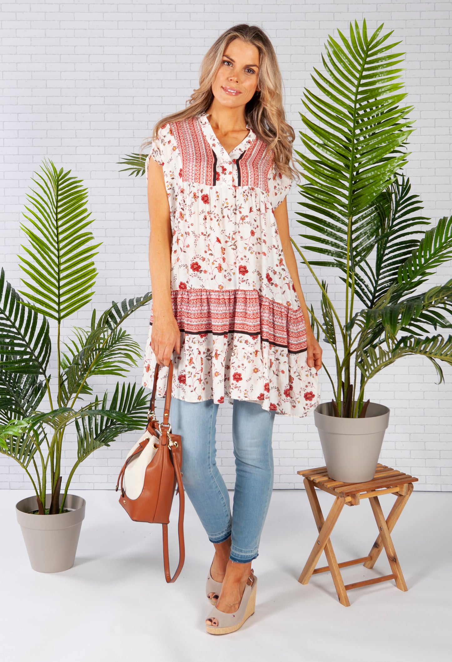 Floral Print Tunic with Boarder Design in Off White