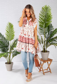 Floral Print Tunic with Boarder Design in Off White