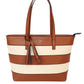 striped shopper style bag in tan and white