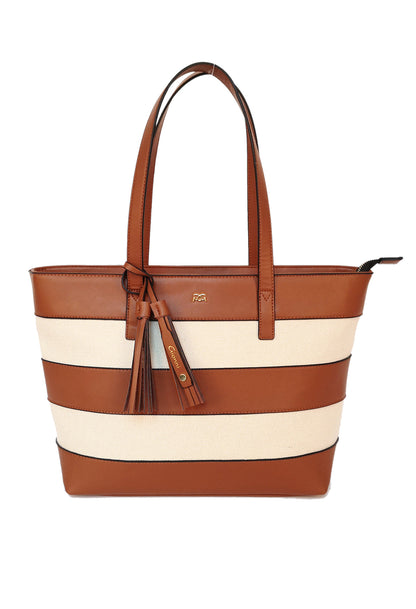 striped shopper style bag in tan and white