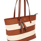 striped shopper style bag in tan and white