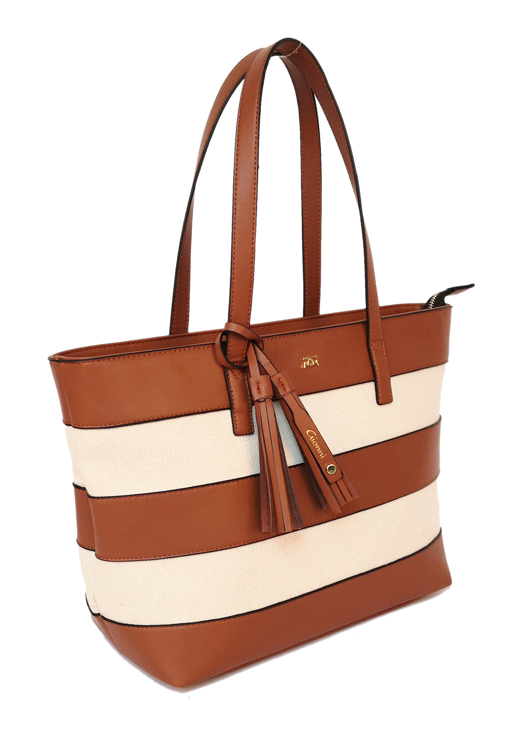 striped shopper style bag in tan and white