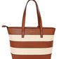 striped shopper style bag in tan and white