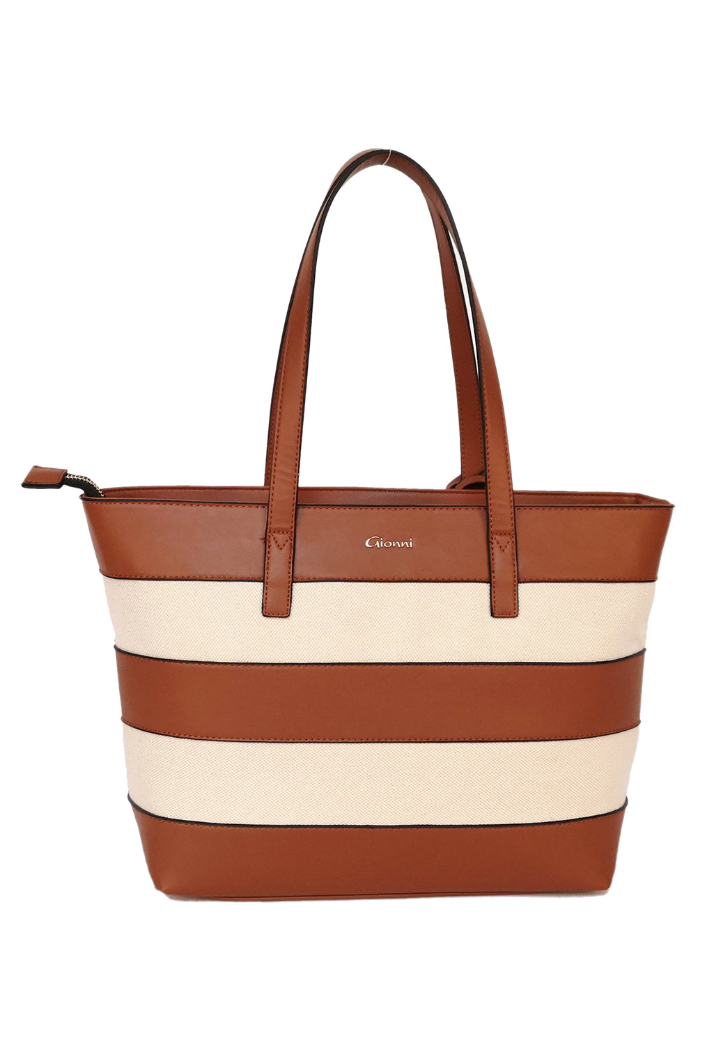 striped shopper style bag in tan and white