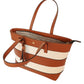 striped shopper style bag in tan and white