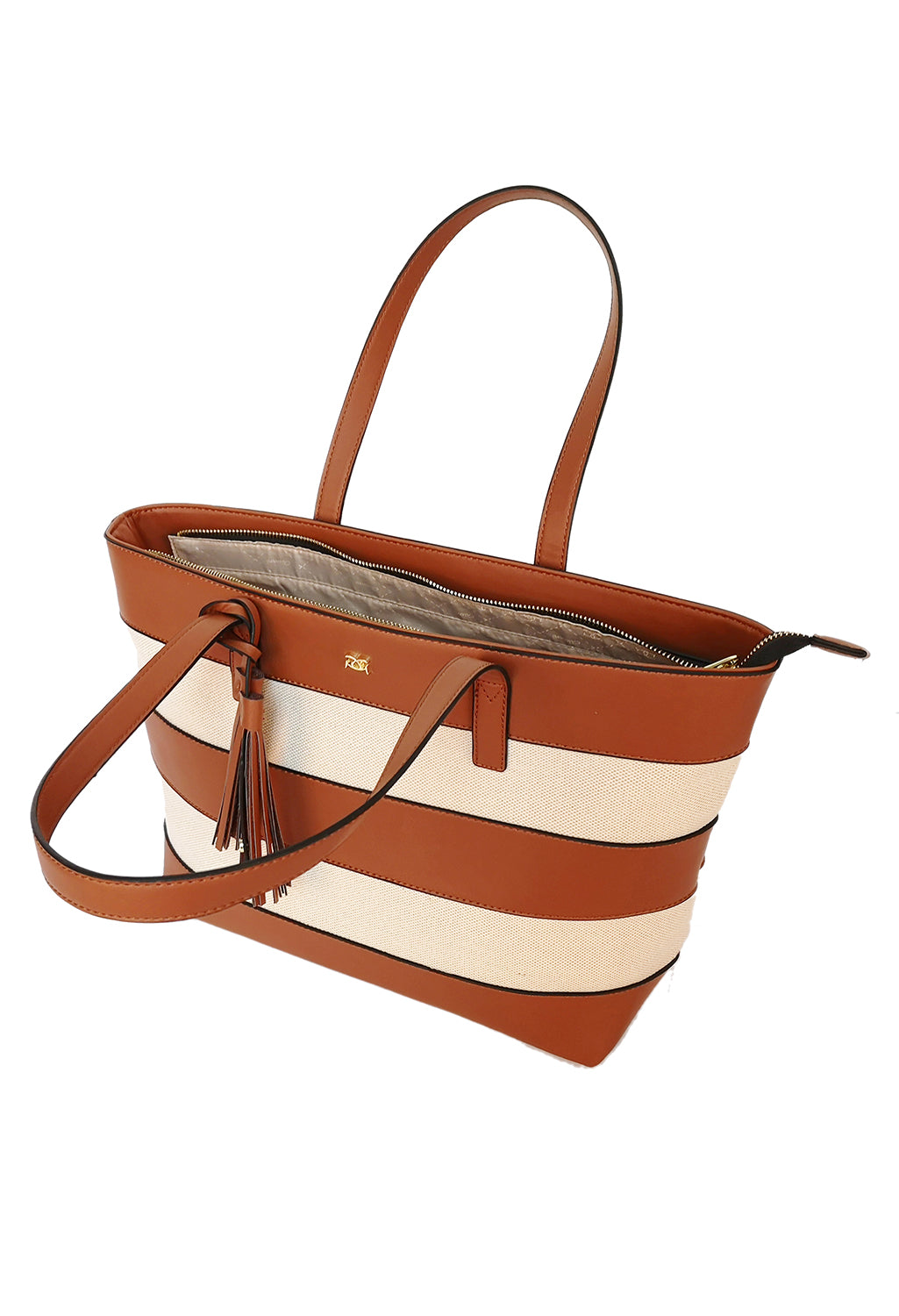 striped shopper style bag in tan and white