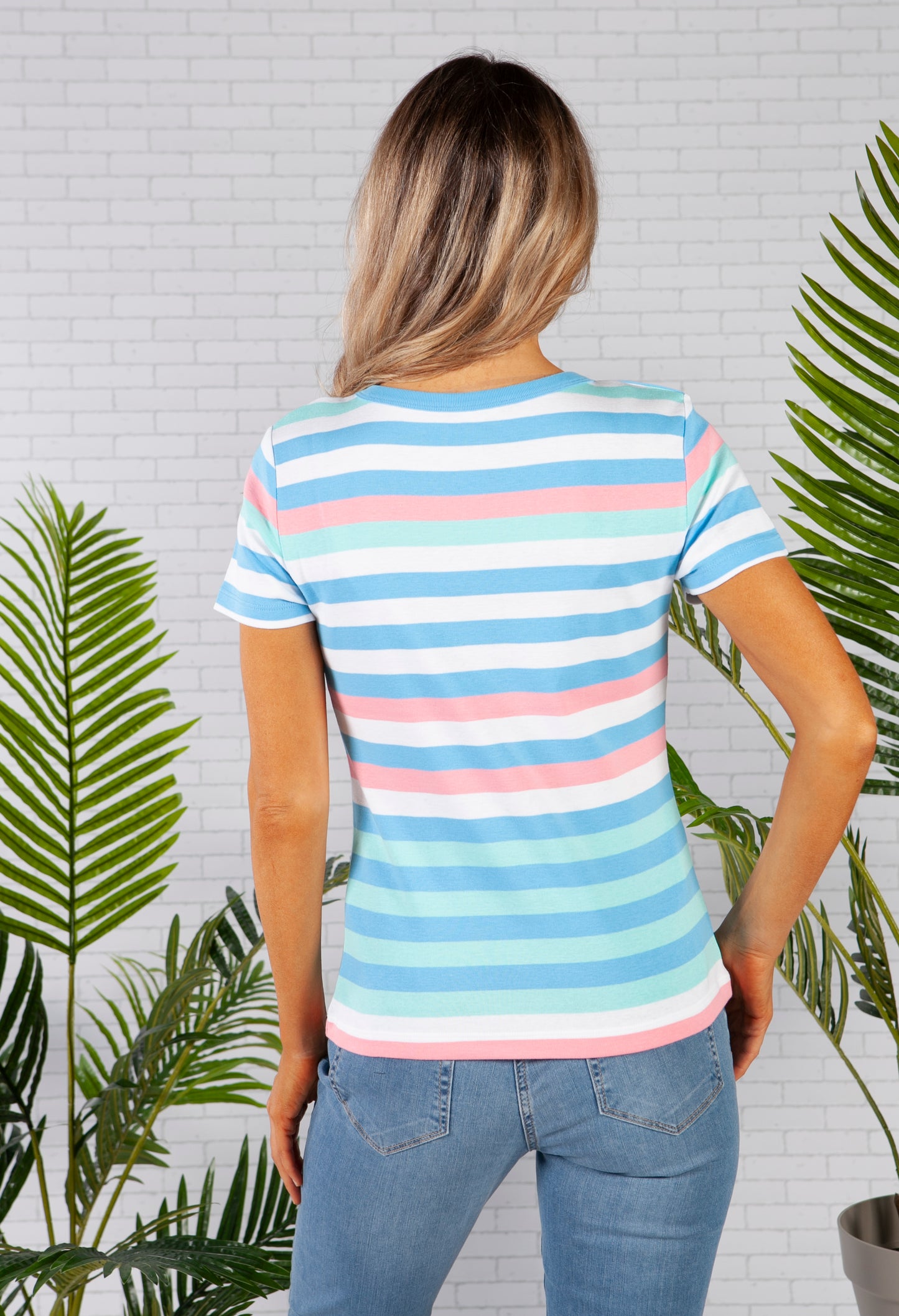 Multi Stripe Top with Shoulder Button Detail