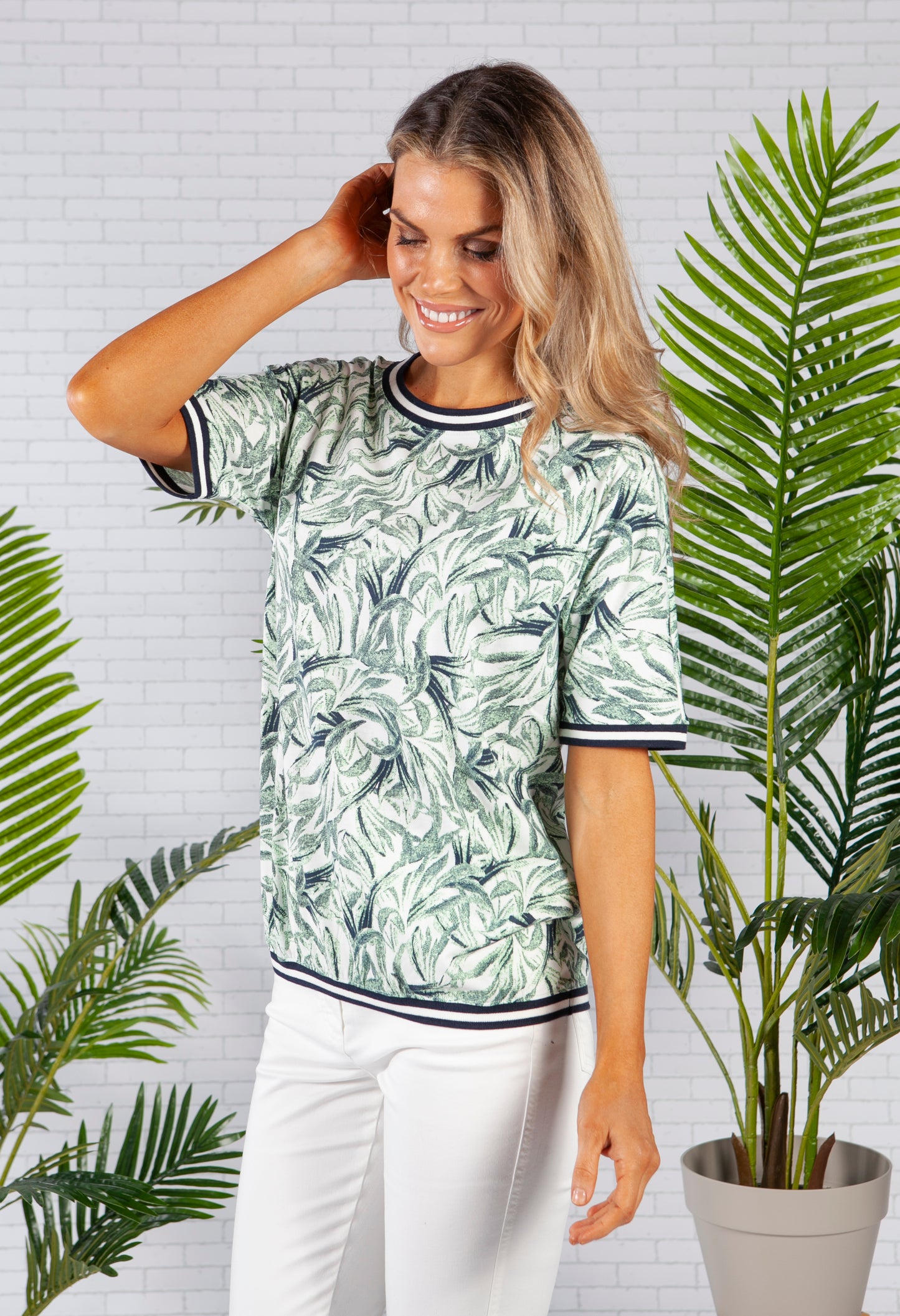 Short Sleeve All Over Botanic Print T-Shirt with Striped Trim