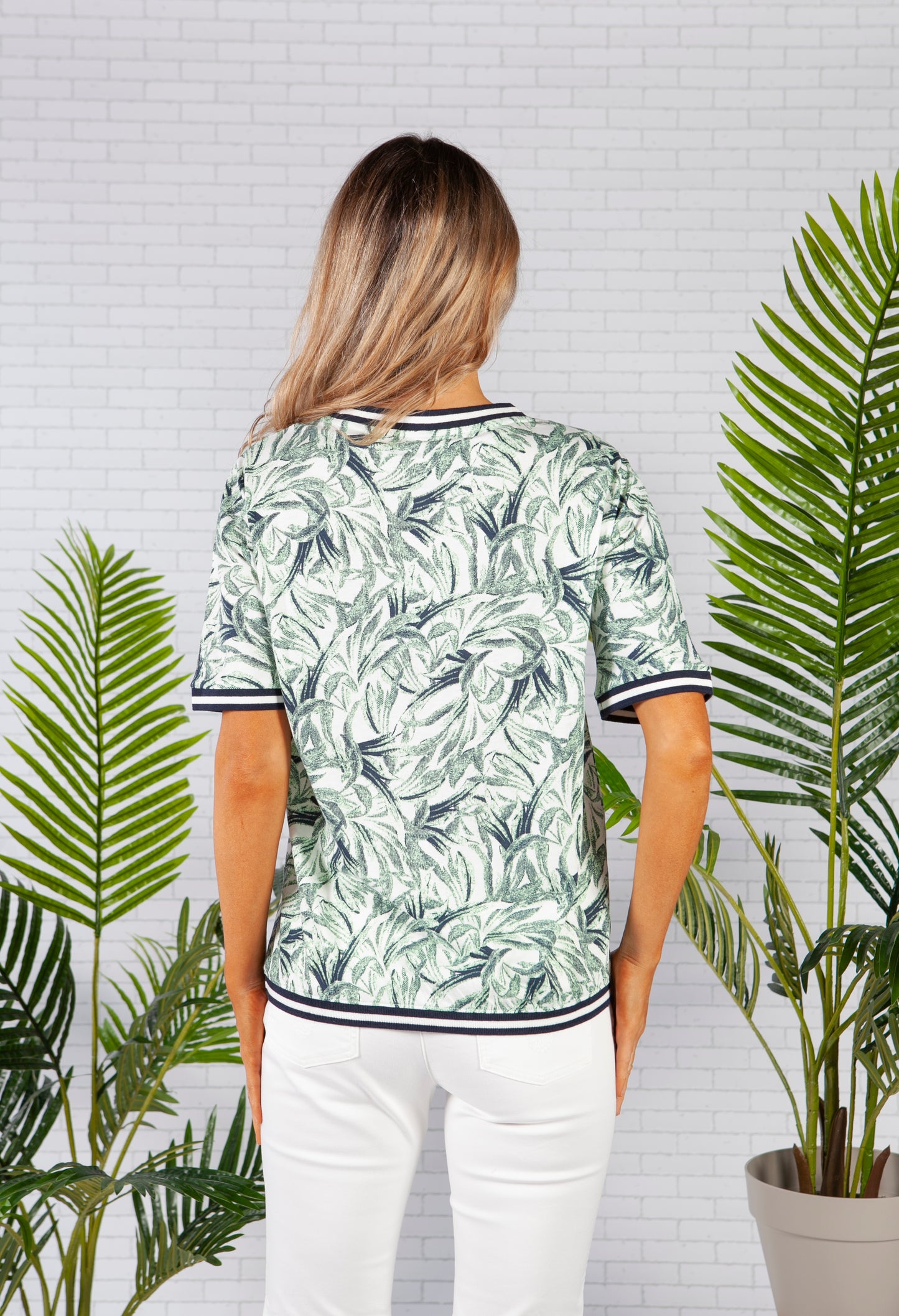 Short Sleeve All Over Botanic Print T-Shirt with Striped Trim