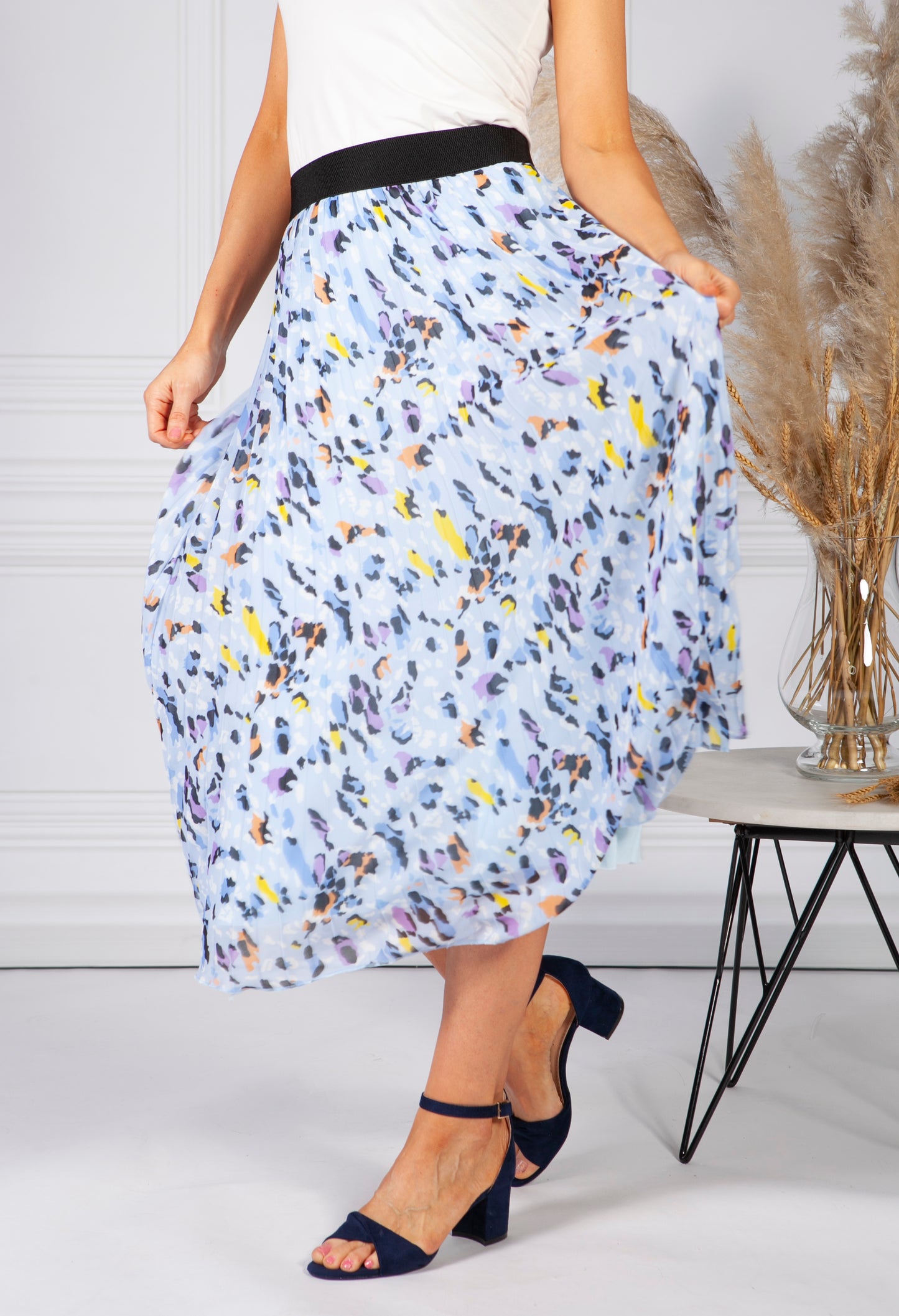 All Over Pleated Skirt in an Abstract Animal Design in Sky Blue Mix