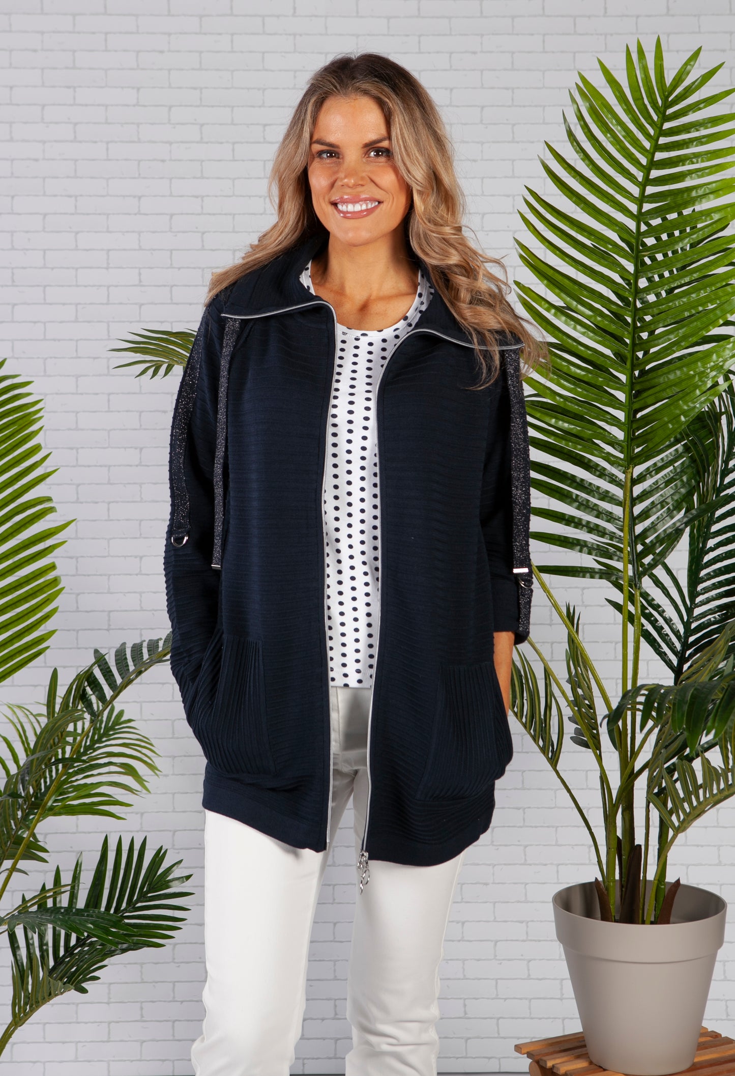 Navy Long Line Ribbed Jacket