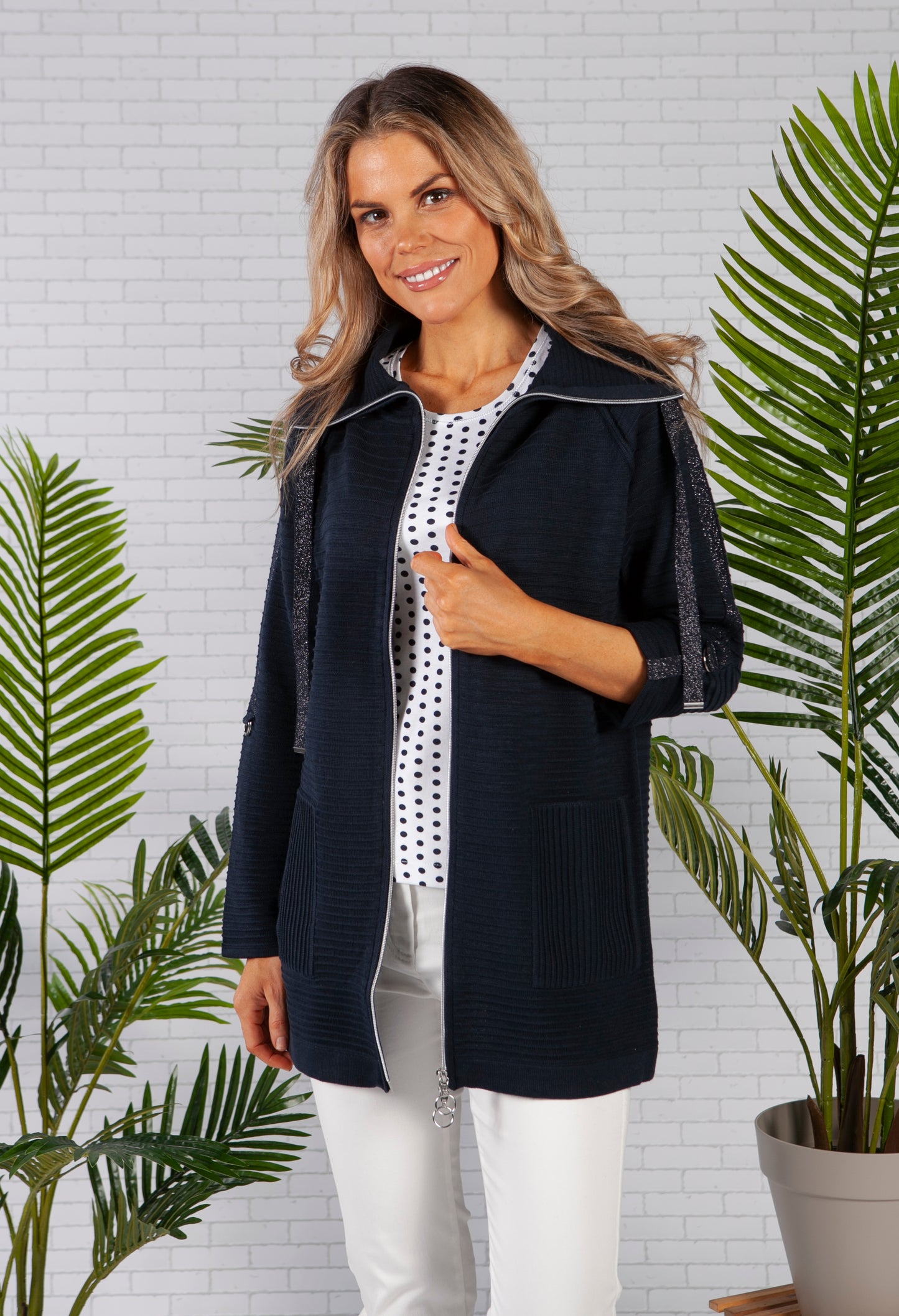 Navy Long Line Ribbed Jacket