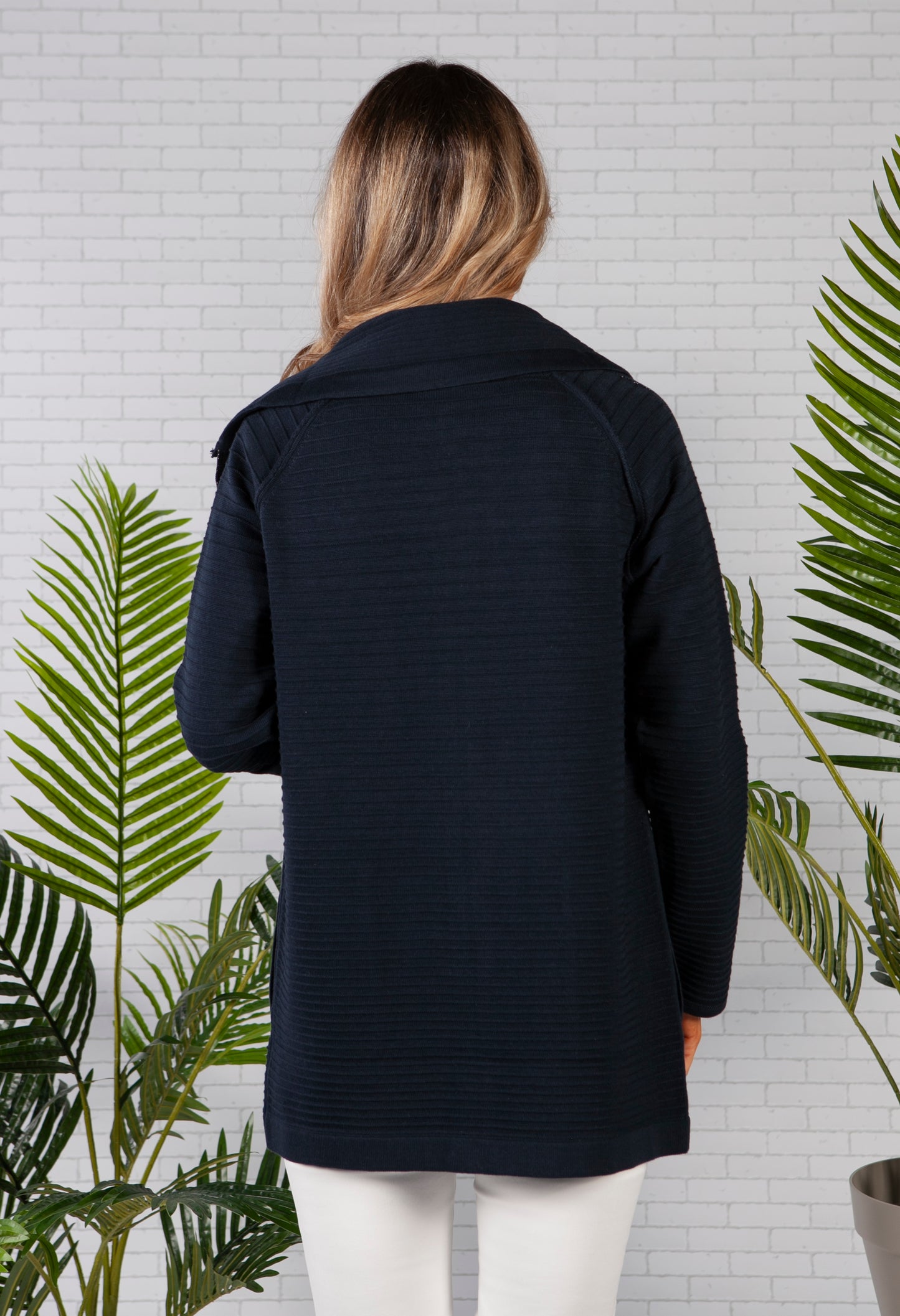 Navy Long Line Ribbed Jacket