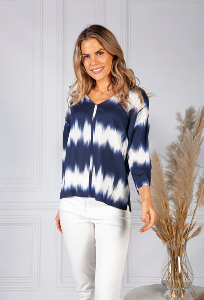 Navy Tie Dye V-Neck Top