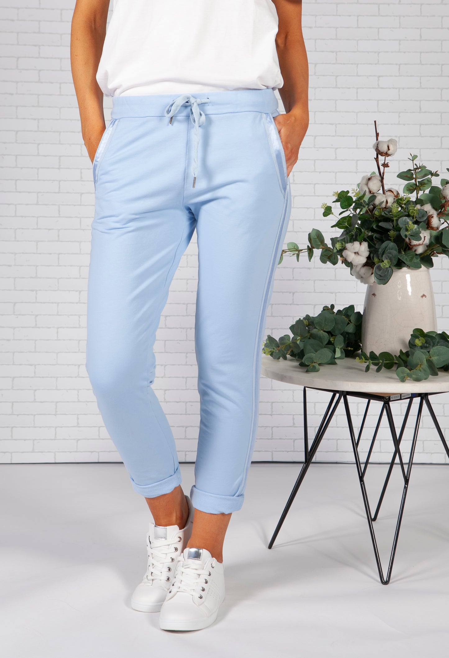 Sky Blue Joggers with Satin Detail Side Stripe