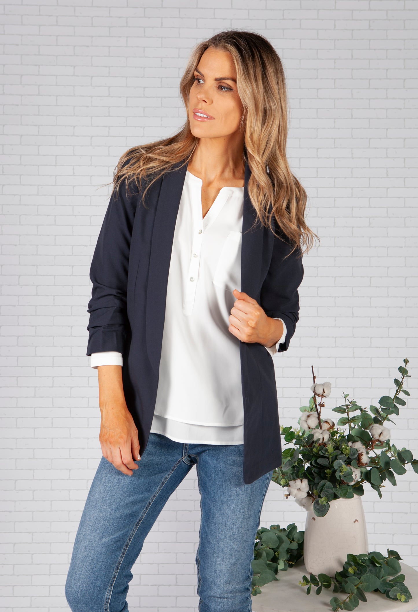 Navy Ruched Sleeve Blazer