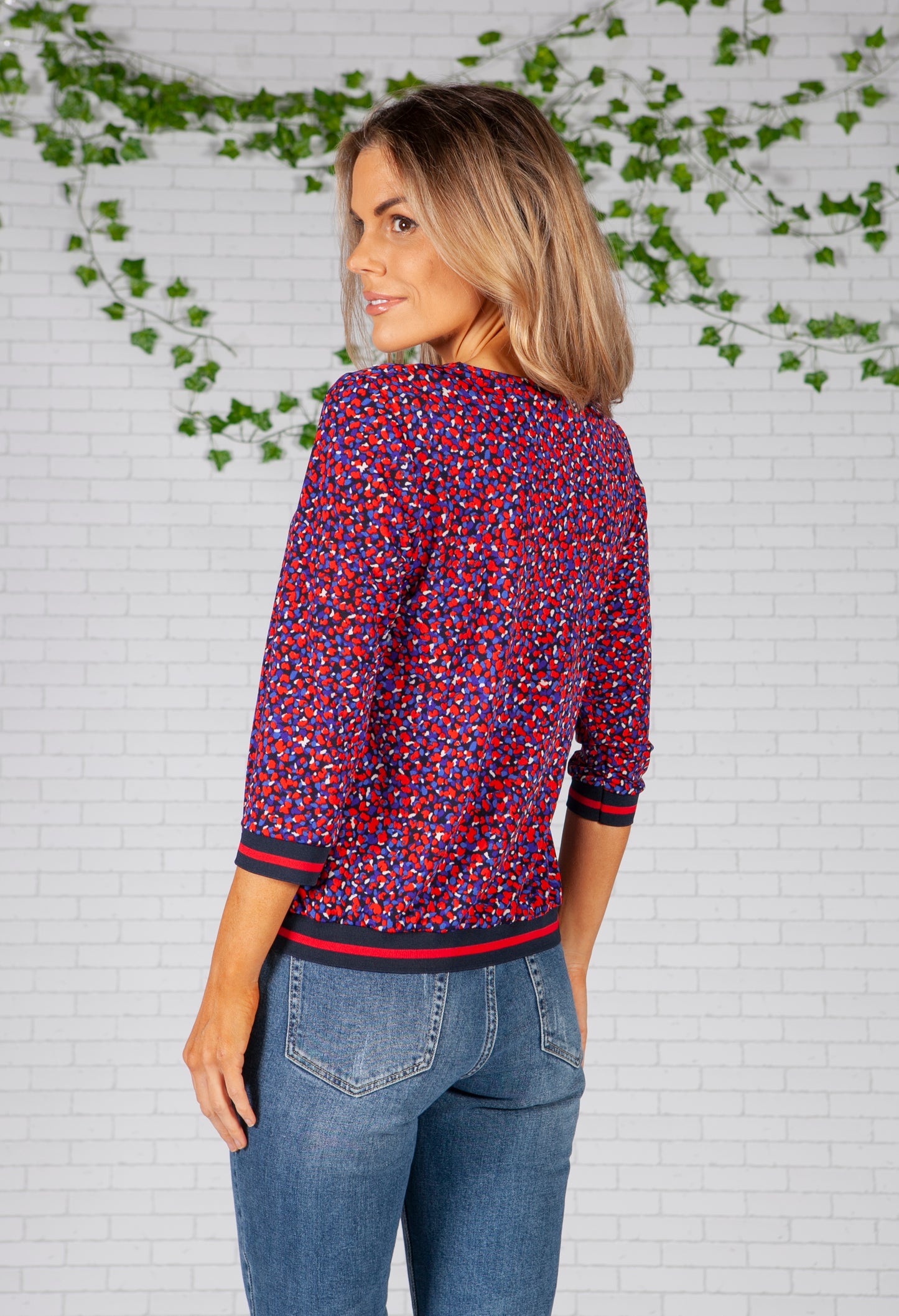 Red and Blue Printed V-neck Top