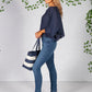 striped shopper style bag in navy and white